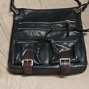 Nino BOSSI Black Leather Messenger Bag with Brown Accents